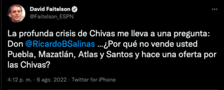 David Faitelson sugiere a Salinas Pliego comprar a Chivas | Twitter