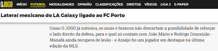 Julián Araujo, cerca del Porto. (O Jogo)
