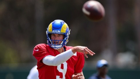 IRVINE, CA - JULY 29: Matthew Stafford #9 of the Los Angeles Rams attempts a pass during training camp at University of California Irvine on July 29, 2022 in Irvine, California. (Photo by Scott Taetsch/Getty Images)-Not Released (NR)