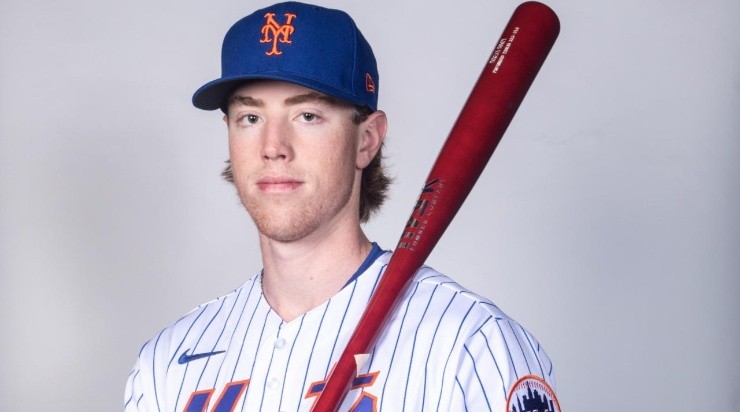 Brett Baty #96 of the New York Mets poses during Photo Day at Clover Park on March 16, 2022 in Port St. Lucie, Florida. (Photo by Benjamin Rusnak/Getty Images)
