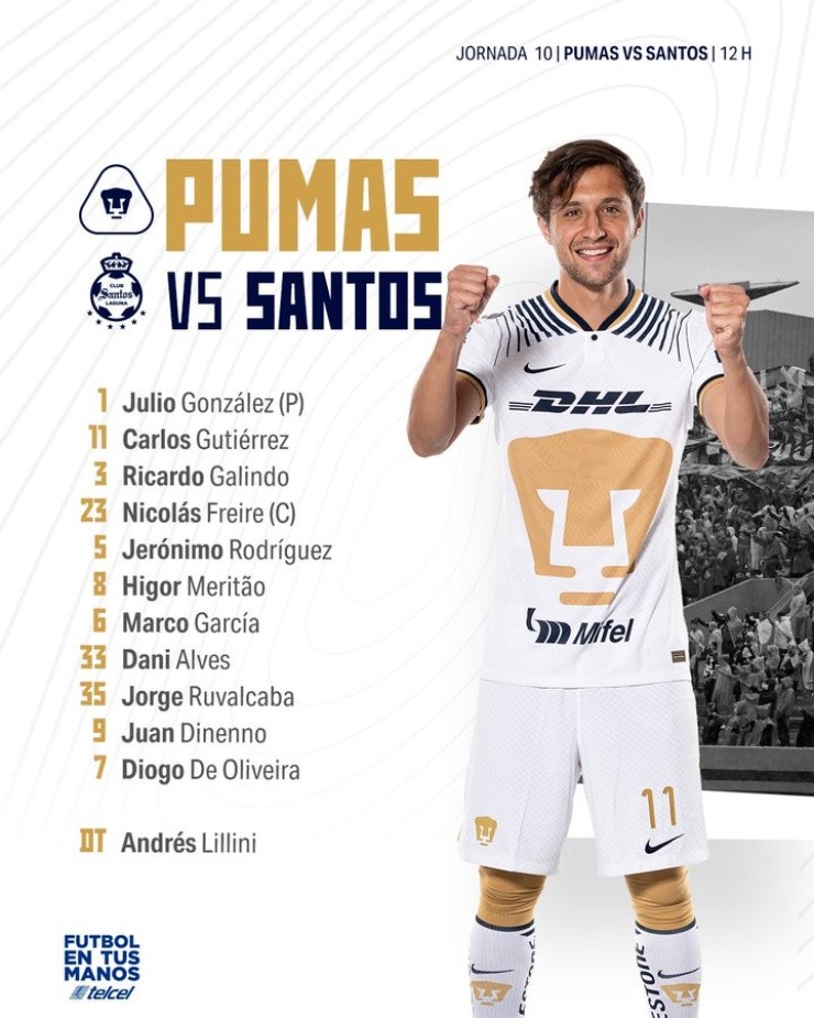 Los 11 de Pumas para enfrentar a Santos (@PumasMX)