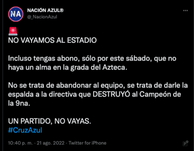 Iniciativa para no asistir al Estadio Azteca | Twitter