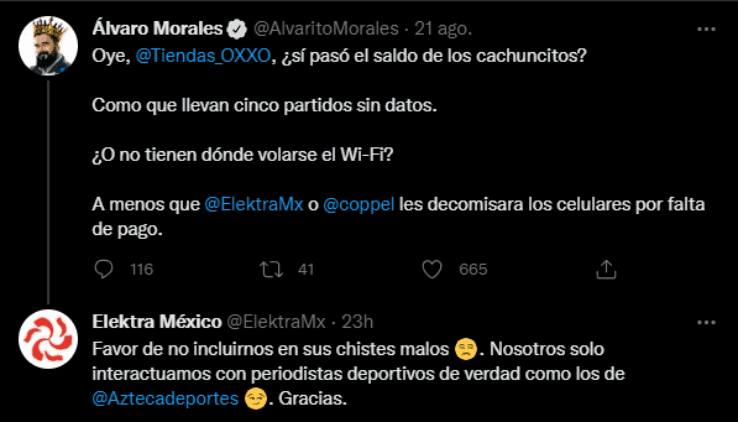 El intercambio entre Álvaro Morales entre Elektra (captura de Twitter)