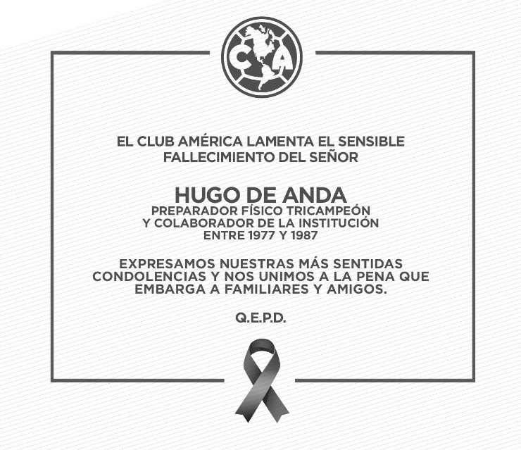 Comunicado del América por el fallecimiento de Hugo de Anda.
