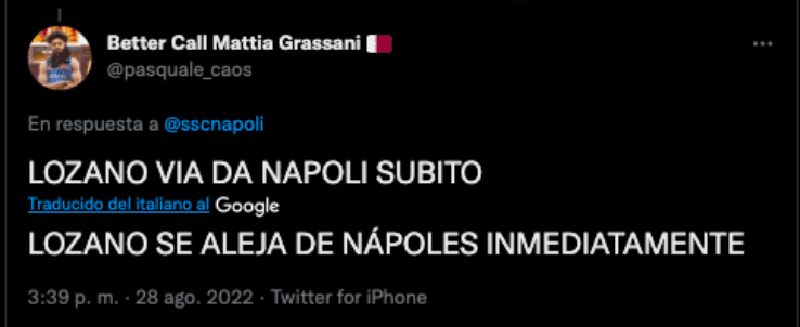 Fans del Napoli, molestos con Chucky Lozano | Twitter