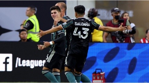 Jonathan Perez of Los Angeles Galaxy celebrates his goal with Adam Saldana