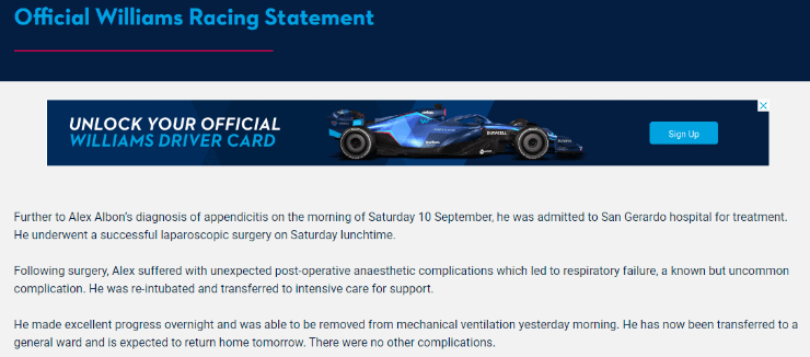 Comunicado de Williams por Alex Albon. (Williamsf1.com)