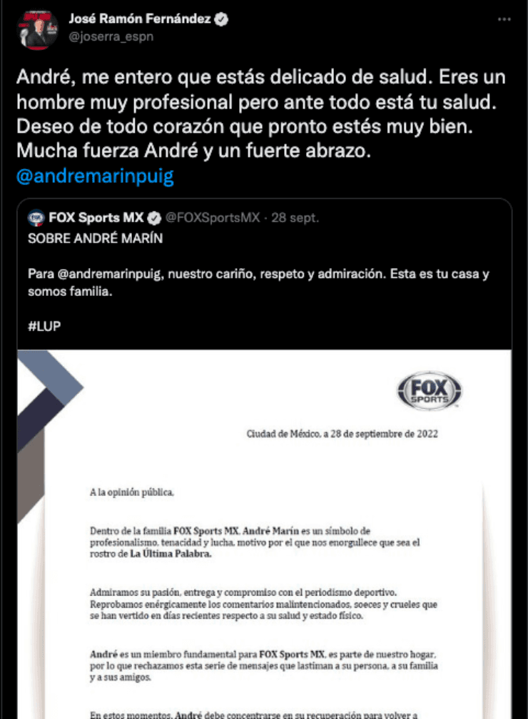 Mensaje de José Ramón Fernández a André Marín | Twitter