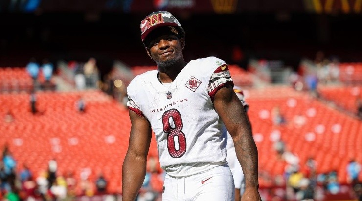 Brian Robinson #8 of the Washington Commanders looks on after the preseason game against the Carolina Panthers (Photo by Scott Taetsch/Getty Images)