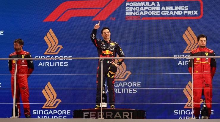 Pérez, Leclerc y Sainz, el podio de Singapur. (Getty)