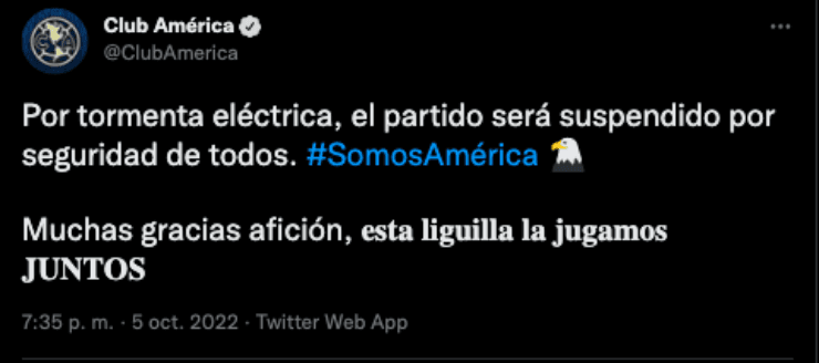 América anunciando la suspensión del partido | Twitter