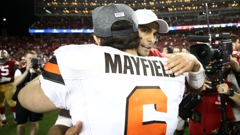 Baker Mayfield hugs Jimmy Garoppolo after a 2019 NFL game between the Cleveland Browns and the San Francisco 49ers.