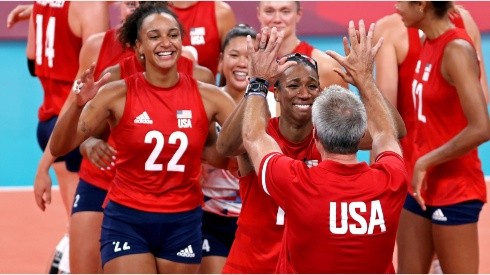 Head Coach Karch Kiraly of United States celebrates with his team