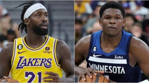 Patrick Beverley of the Los Angeles Lakers and Anthony Edwards of the Minnesota Timberwolves