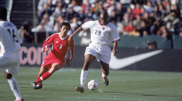 Eddie Pope #23 of the USA moves with the ball during the game against China at the Oakland Coliseum in Oakland, California. The USA defeated China 2-0.Mandatory Credit: Jed Jacobsohn /Allsport