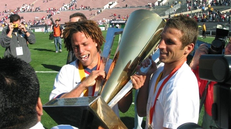 Cobi Jones (l) and Frankie Hejduk of the USA after their CONCACAF Gold Cup Championship match at the Rose Bowl in Pasadena, California. DIGITAL IMAGE Mandatory Credit: Stephen Dunn/Allsport