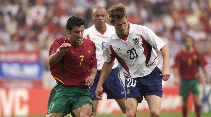 Luis Figo of Portugal challenges Brian McBride of the USA  (Photo by Shaun Botterill/Getty Images)