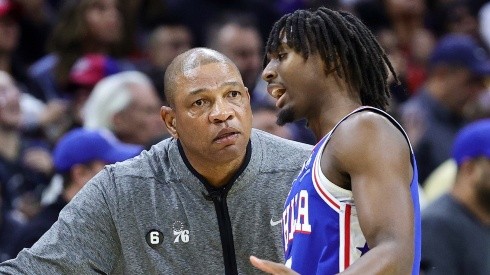 Head coach Doc Rivers speaks with Tyrese Maxey of the Philadelphia 76ers