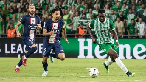 Frantzdy Pierrot of Maccabi Haifa FC competes for the ball with Marquinhos of Paris Saint Germain