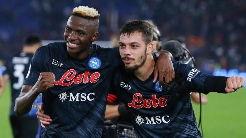 Victor Osimhen and Gianluca Gaetano of Napoli after defeating Roma