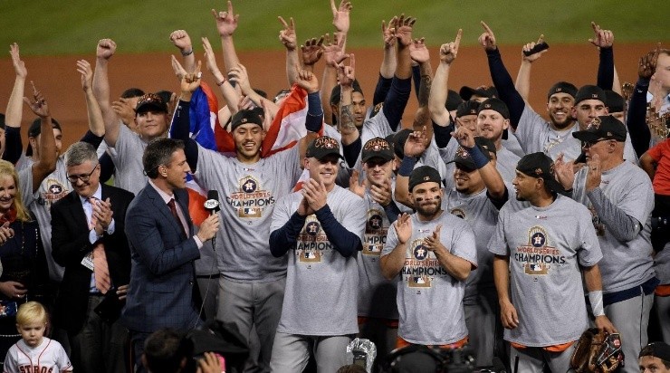 The Houston Astros celebrate after defeating the Los Angeles Dodgers 5-1 in game seven to win the 2017 World Series at Dodger Stadium on November 1, 2017 in Los Angeles, California. (Photo by Kevork Djansezian/Getty Images)