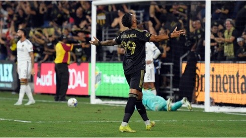 Denis Bouanga of Los Angeles FC celebrates the winning goal by Cristian Arango against Los Angeles Galaxy