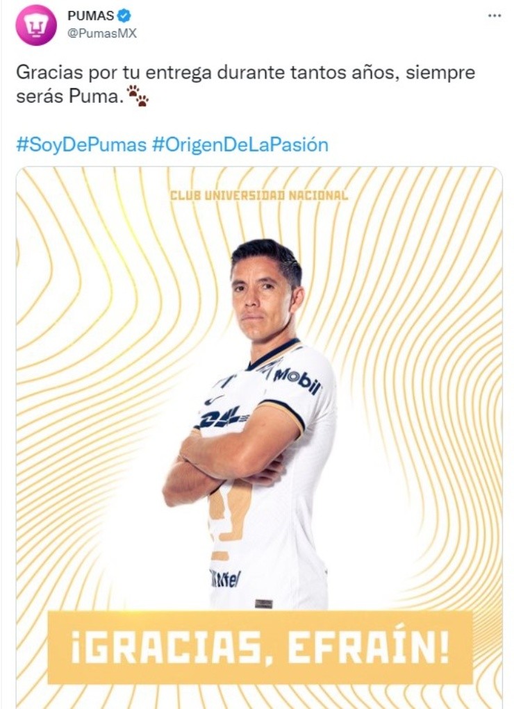 El mensaje que publicaron en las redes de Pumas (Captura de Twitter)