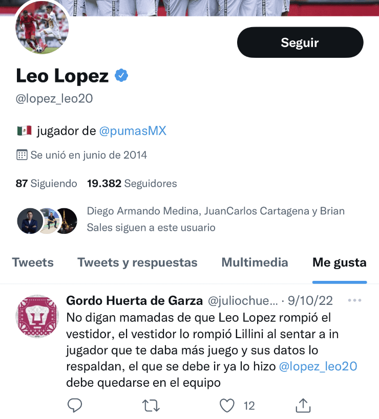 El comentario al que Leo López le dio &quot;like&quot; en Twitter.