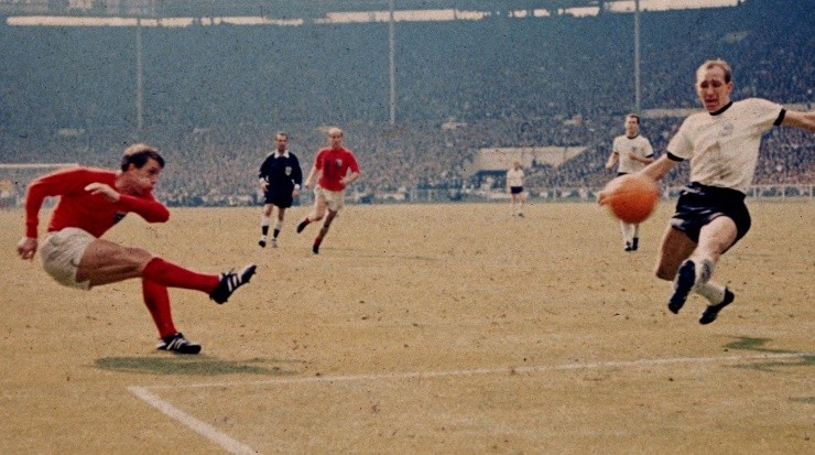 Geoff Hurst scores England&#039;s third goal against West Germany. (Hulton Archive/Getty Images)