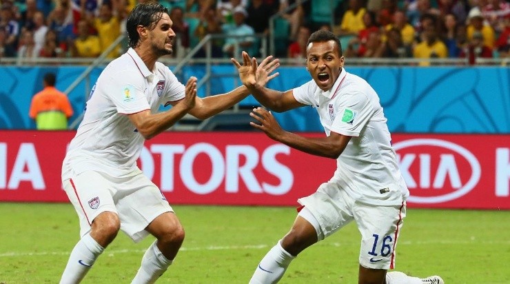 Julian Green of the United States (R) celebrates scoring his team&#039;s first goal in extra time with Chris Wondolowski during the 2014 FIFA World Cup Brazil Round of 16 match between Belgium (Photo by Kevin C. Cox/Getty Images)