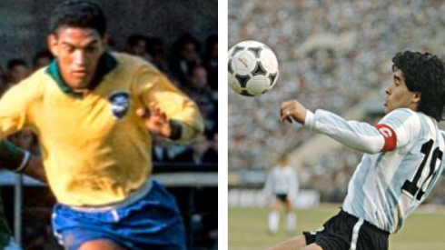 Foto Garrincha: Reprodução/Youtube - Foto Maradona: David Cannon/Allsport/Getty Images/Hulton Archive - Garrincha e Maradona jogaram em épocas distintas