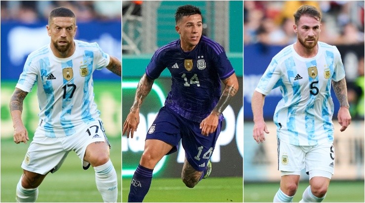 Alejandro Gomez (l), Enzo Fernandez (c) and Alexis Mac Allister. (Getty Images)