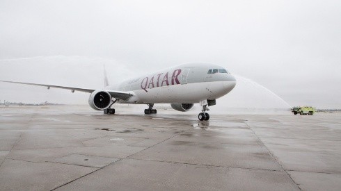 Qatar Airways' inaugural passenger flight to Chicago is welcomed by a traditional water salute at Chicago O'Hare Airport on April 10, 2013.