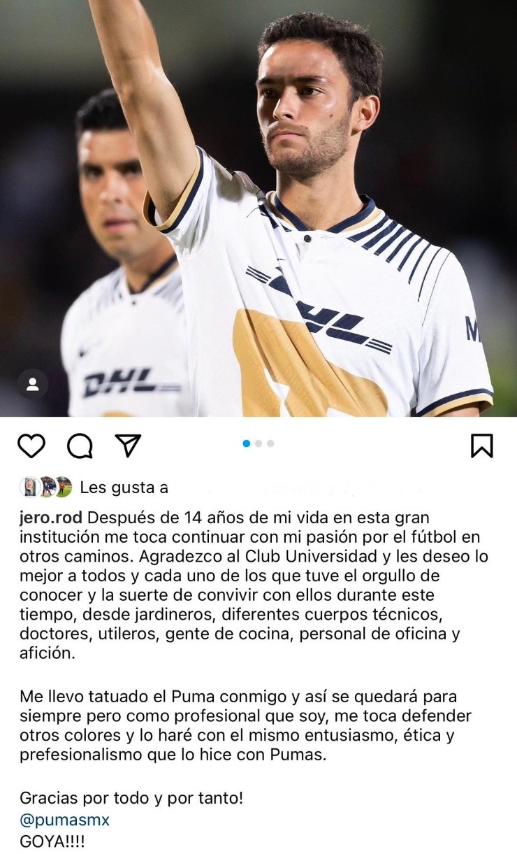 Despedida de Jero Rodríguez de Pumas. (Instagram @jero.rod)
