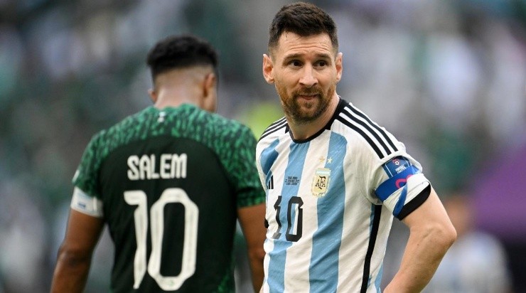 Lionel Messi of Argentina reacts during the FIFA World Cup Qatar 2022 Group C match between Argentina and Saudi Arabia (Photo by Matthias Hangst/Getty Images)