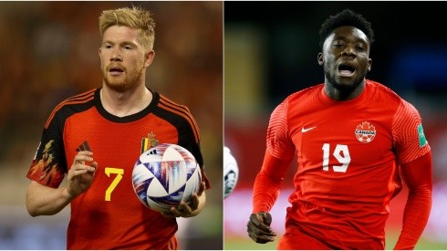 Kevin De Bruyne of Belgium (L) and Alphonso Davies of Canada (R)