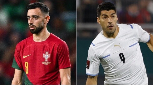 Bruno Fernandes of Portugal and Luis Suarez of Uruguay