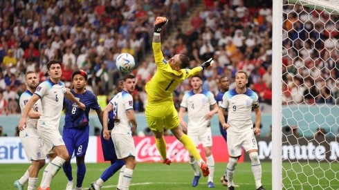 Jordan Pickford of England defends a United States attempt during the FIFA World Cup Qatar 2022 Group B match between England and USA at Al Bayt Stadium on November 25, 2022 in Al Khor, Qatar.