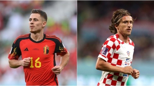 Thorgan Hazard of Belgium (L) and Luka Modric of Croatia (R)