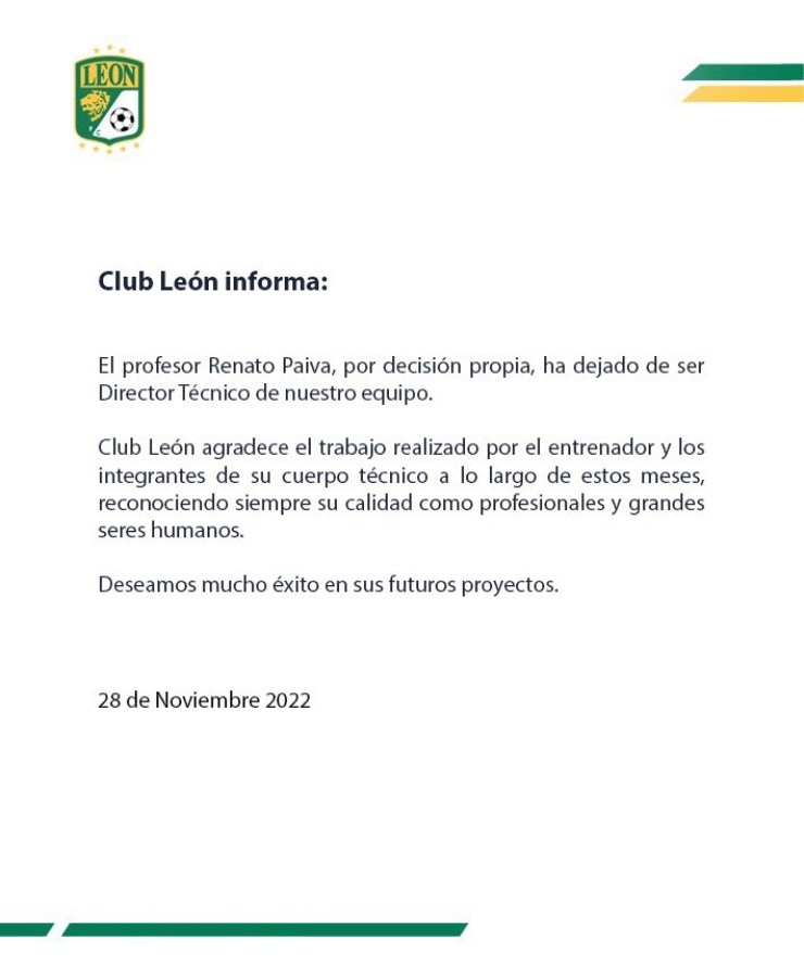León oficializó la salida de Paiva.