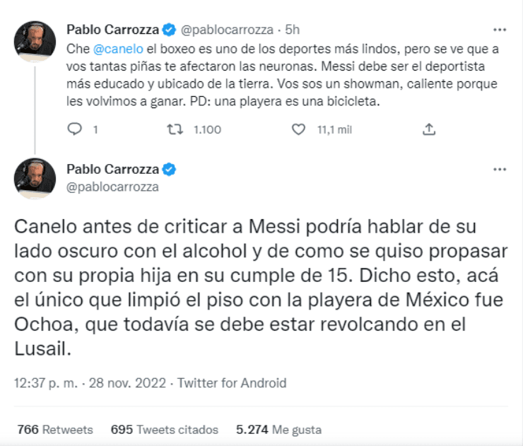 Pablo Carrozza acusó fuertemente a Canelo Álvarez