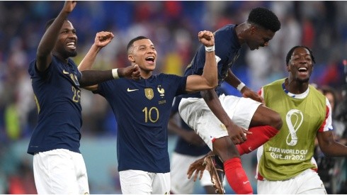 France striker Kylian Mbappe (10) celebrates with team mates