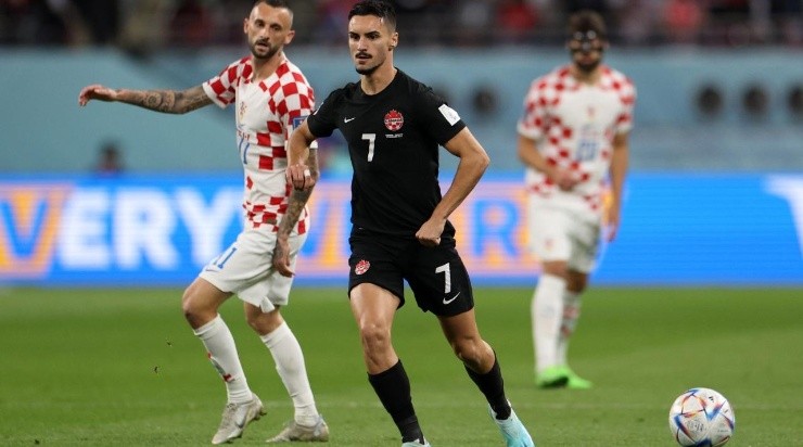 Stephen Eustaquio of Canada in action during the FIFA World Cup Qatar 2022 Group F match between Croatia and Canada at Khalifa International Stadium on November 27, 2022 in Doha, Qatar. (Photo by Dean Mouhtaropoulos/Getty Images)
