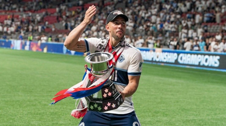 Lucas Cavallini #9 of the Vancouver Whitecaps FC celebrates with the team&#039;s supporters after defeating Toronto FC to win the 2022 Canadian Championship Final at BC Place on July 26, 2022 in Vancouver, British Columbia. (Photo by Rich Lam/Getty Images)
