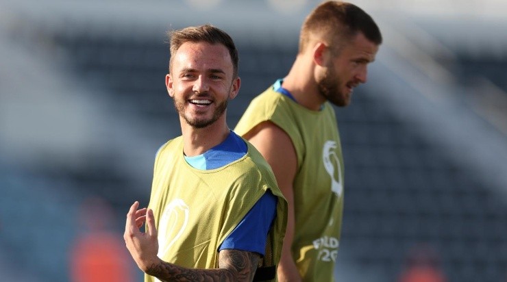 James Maddison of England reacts during the England Training Session on match day -1 at Al Wakrah Stadium on November 28, 2022 in Doha, Qatar. (Photo by Alex Pantling/Getty Images)