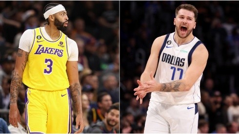 Anthony Davis of the Los Angeles Lakers and Luka Doncic of the Dallas Mavericks