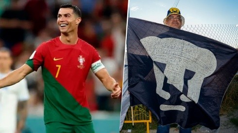 Cristiano Ronaldo en Qatar y un aficionado de Pumas con su bandera.