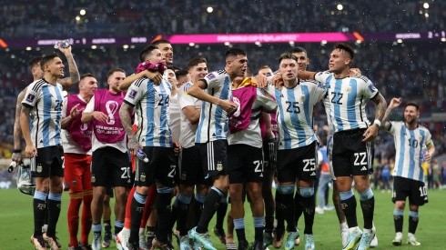 Argentina players celebrate after the 2-1 win during the FIFA World Cup Qatar 2022 Round of 16 match between Argentina and Australia at Ahmad Bin Ali Stadium on December 03, 2022 in Doha, Qatar.