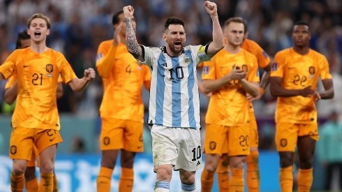 Lionel Messi en la celebración durante la tanda de lanzamientos de penales vs. Países Bajos.