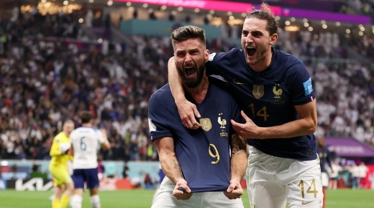 Olivier Giroud of France celebrates after scoring the team’s second goal during the FIFA World Cup Qatar 2022 quarter final match between England and France (Photo by Catherine Ivill/Getty Images)